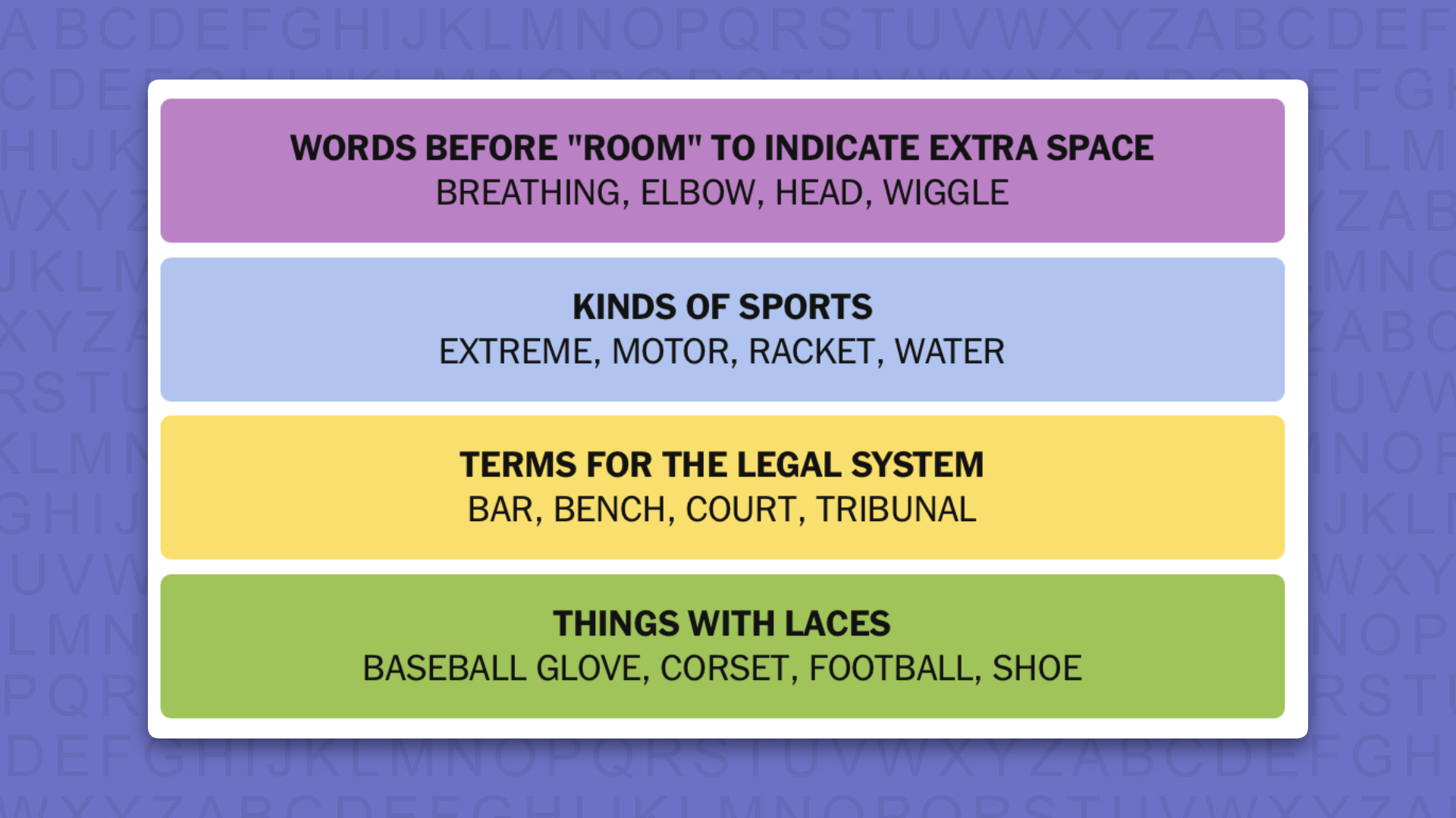 NYT Connections answers for game 1130 on purple background