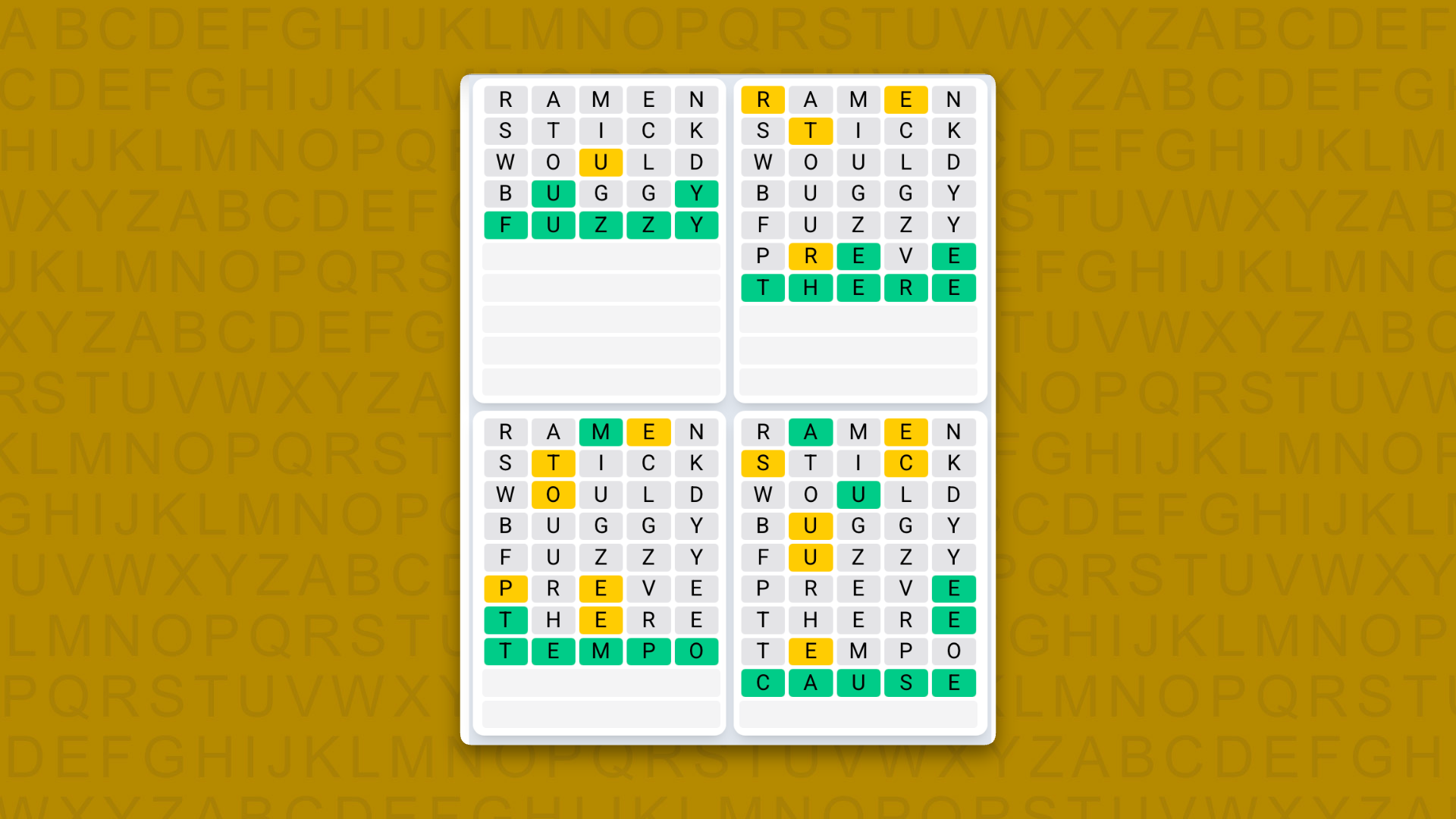 Quordle Daily Sequence answers for the game 1633 on yellow background