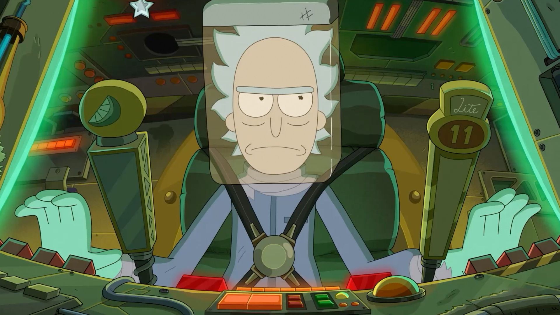 Rick pilots a spaceship