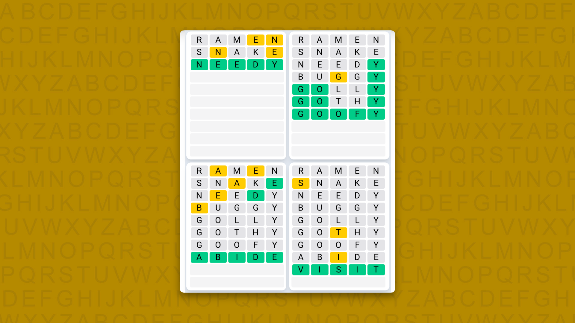 Quordle Daily Sequence answers for the game 1634 on yellow background