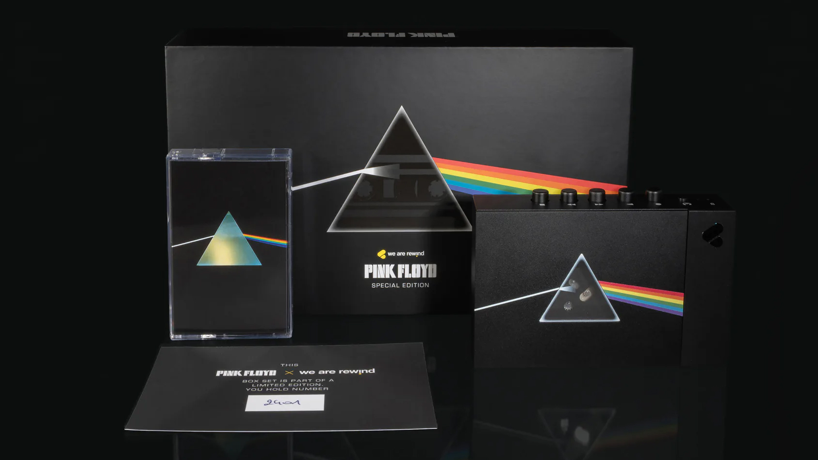 The Pink Floyd x We Are Rewind cassette player and packaging, showing that the box comes with the player, album cassette and certificate