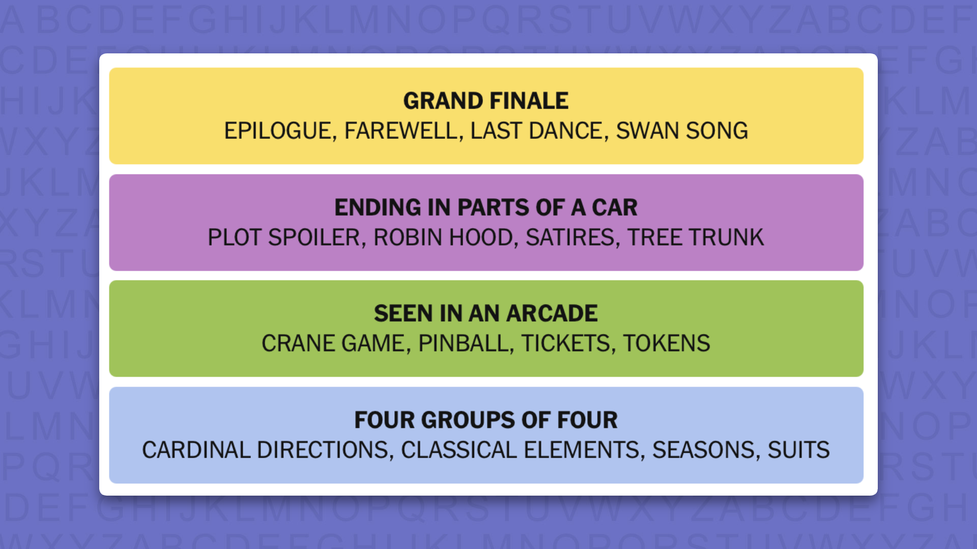 NYT Connections answers for game 1132 on purple background