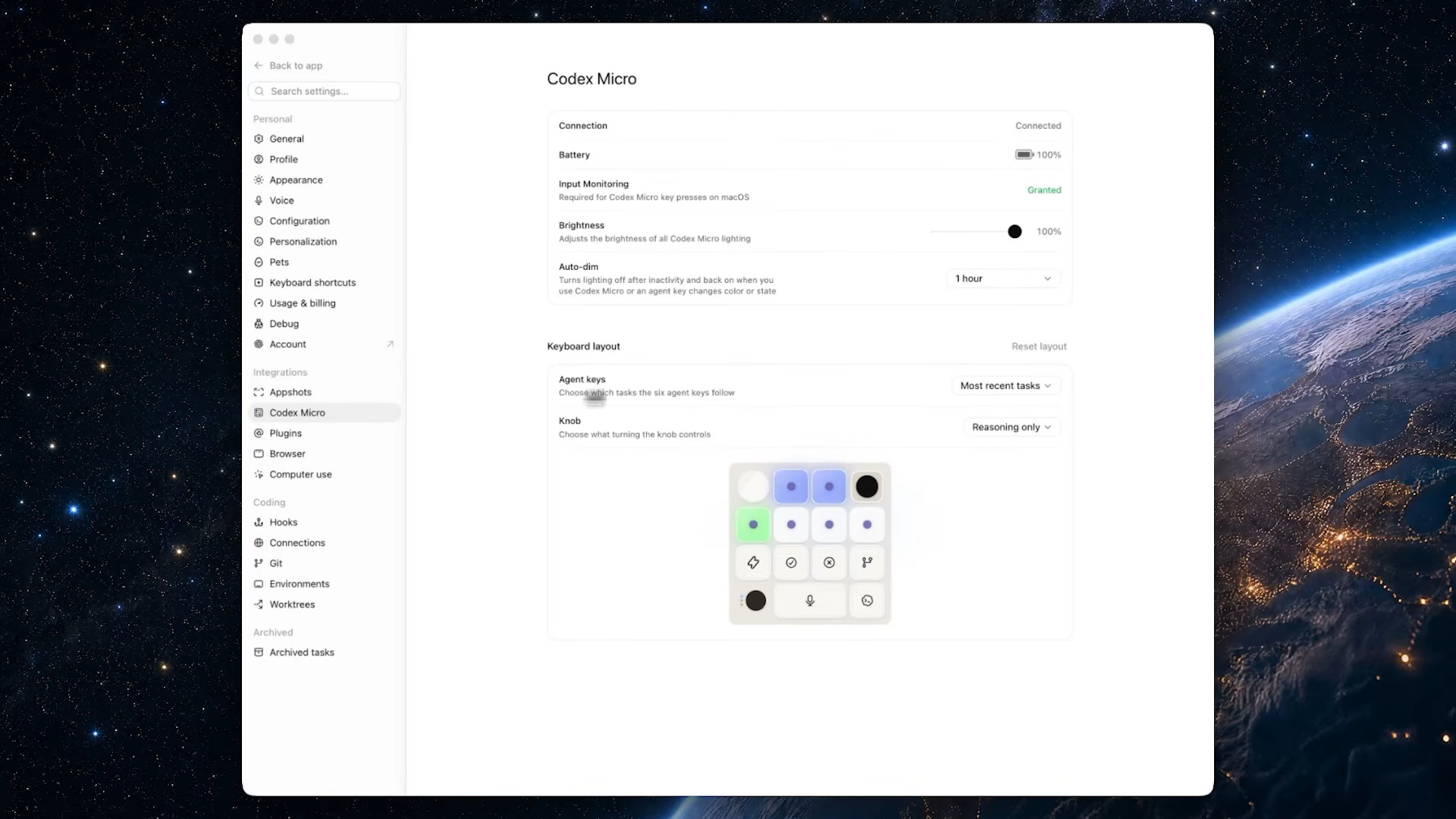Codex Micro software displaying menu with keyboard layout and customization
