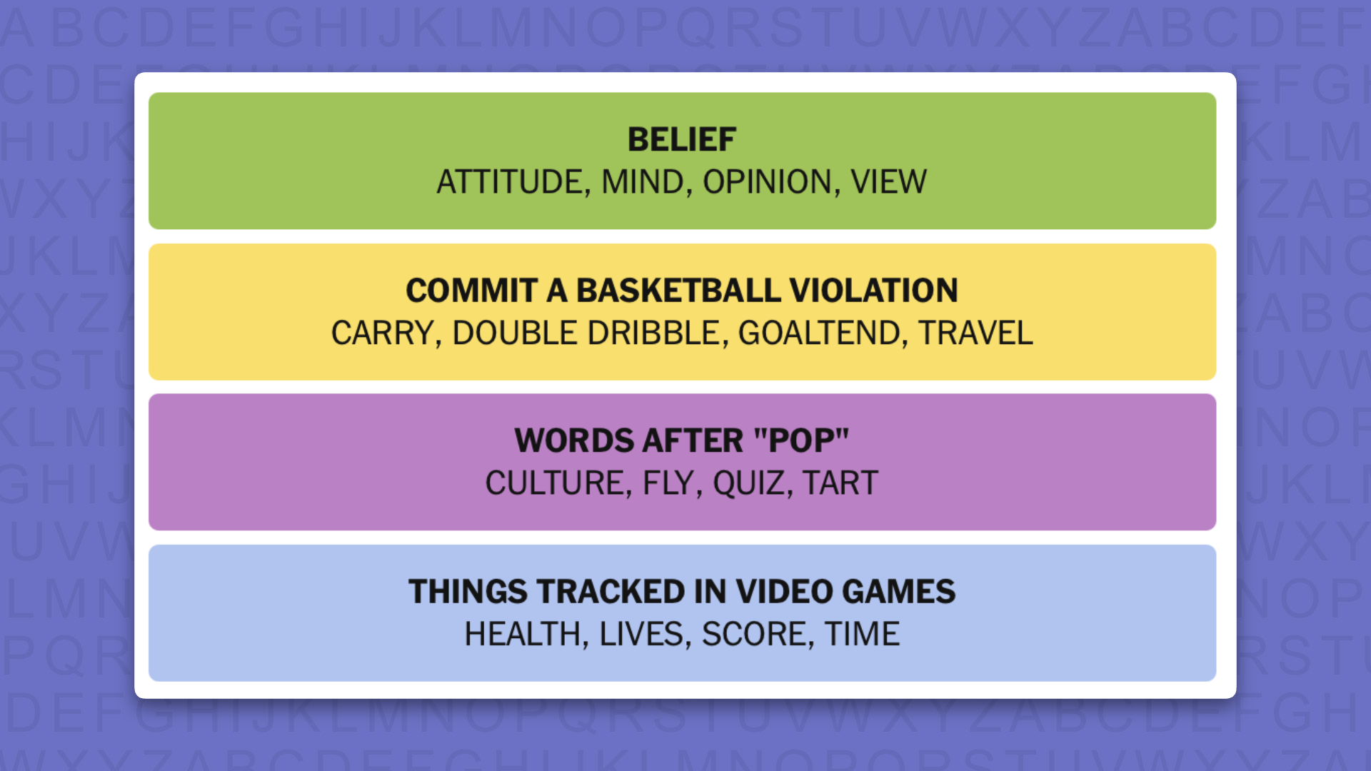 NYT Connections answers for game 1133 on purple background