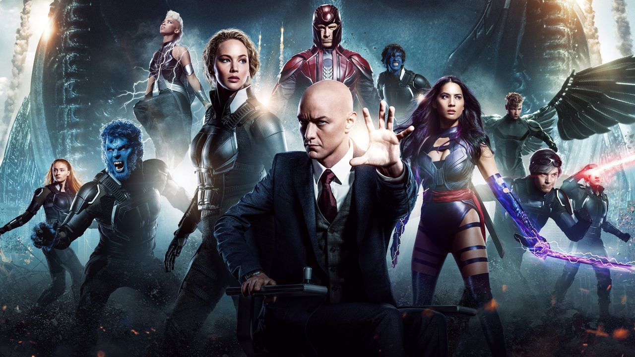 A promotional image of the main cast of X-Men: Apocalypse, including Professor X and Magneto