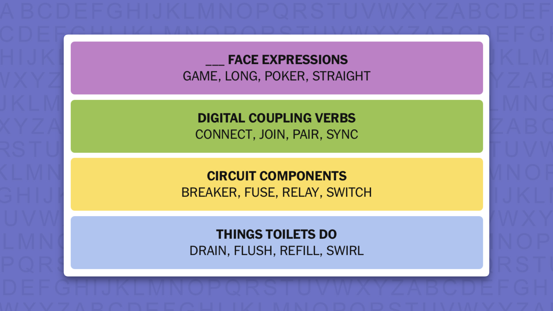 NYT Connections answers for game 1134 on purple background