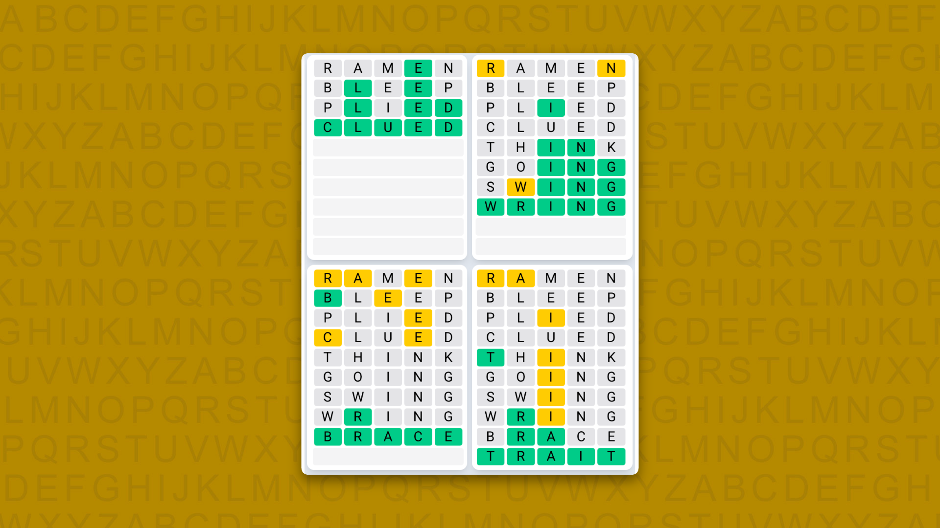 Quordle Daily Sequence answers for the game 1637 on yellow background