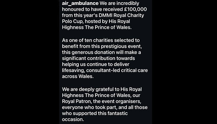 Wales Air Ambulance thanks Prince William for 'vital support'