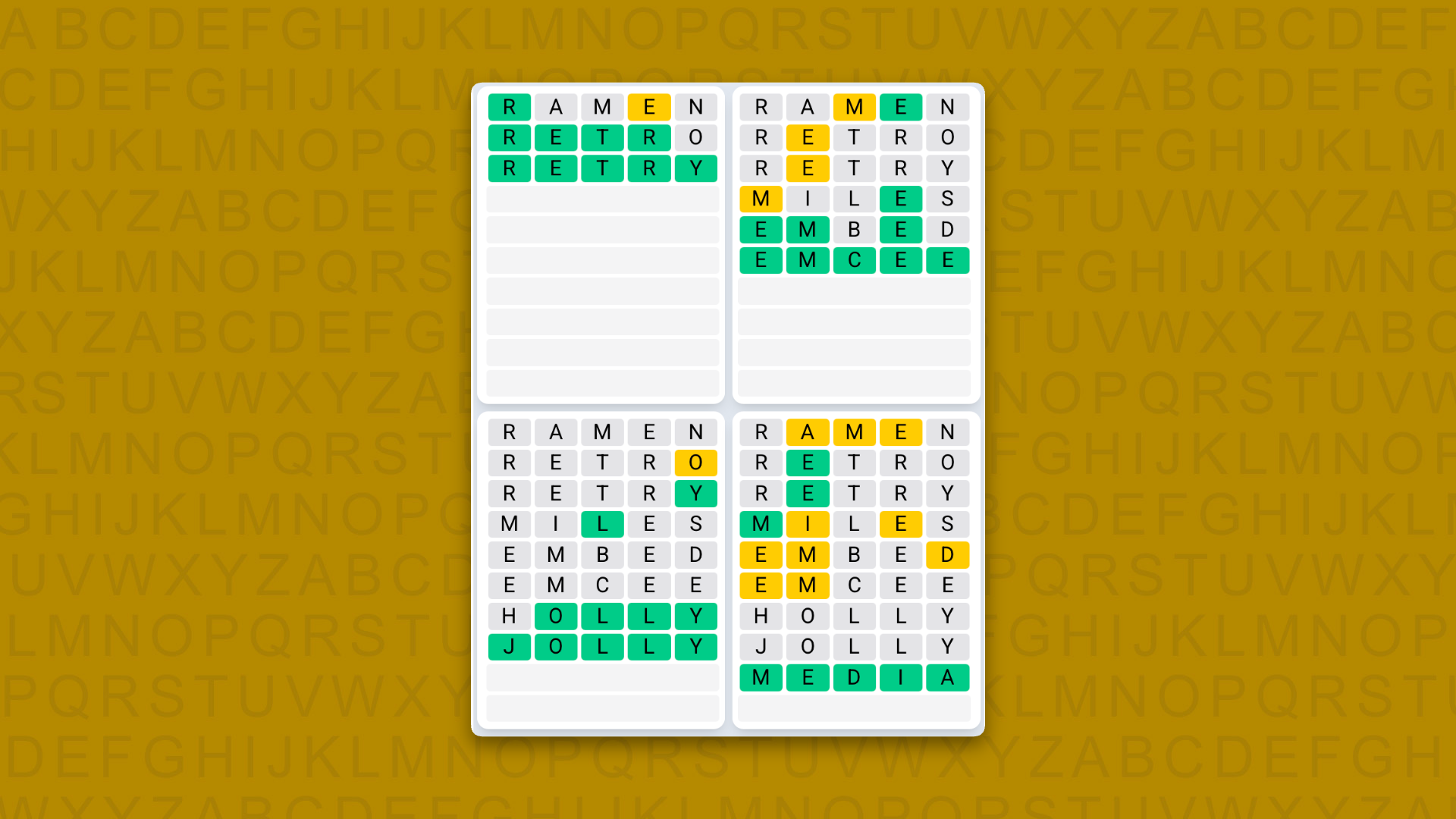 Quordle Daily Sequence answers for the game 1638 on yellow background