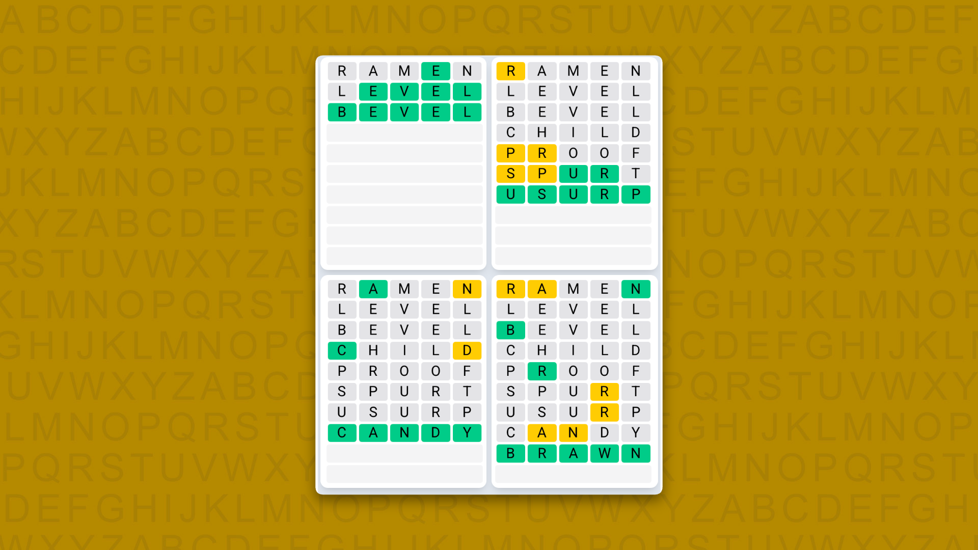 Quordle Daily Sequence answers for the game 1639 on yellow background