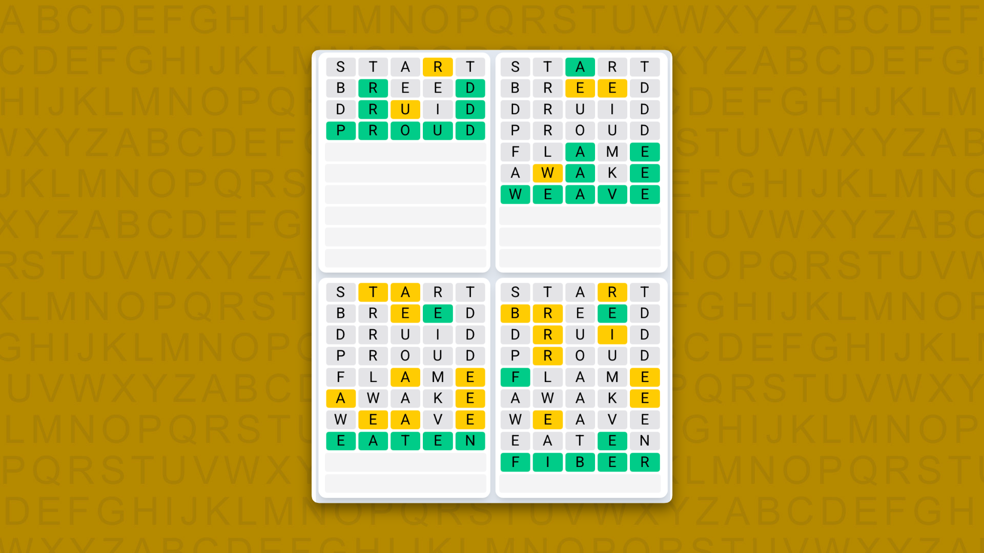 Quordle Daily Sequence answers for the game 1640 on yellow background