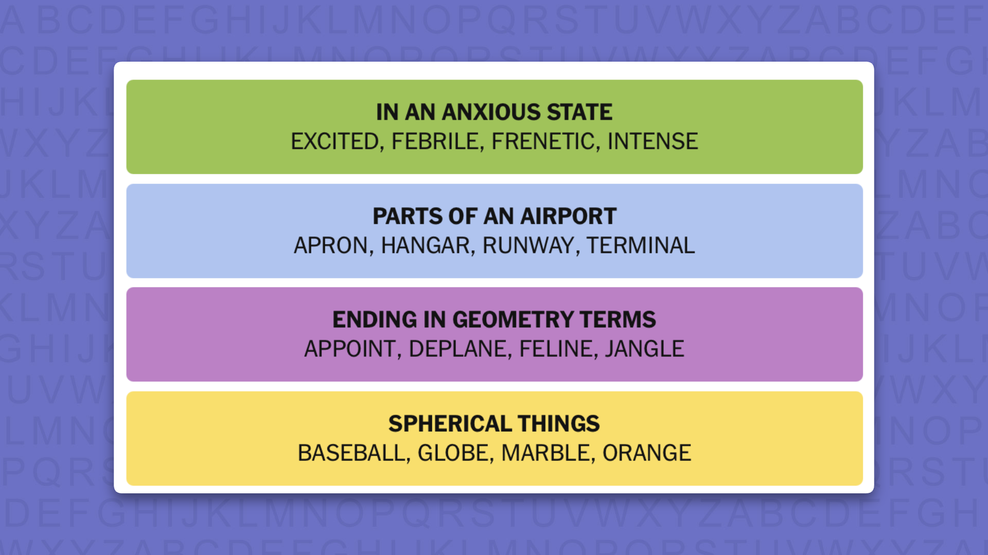 NYT Connections answers for game 1138 on purple background