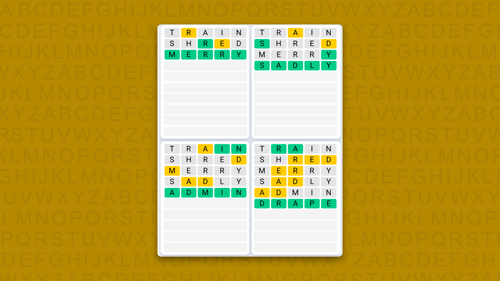 Quordle Daily Sequence answers for the game 1641 on yellow background