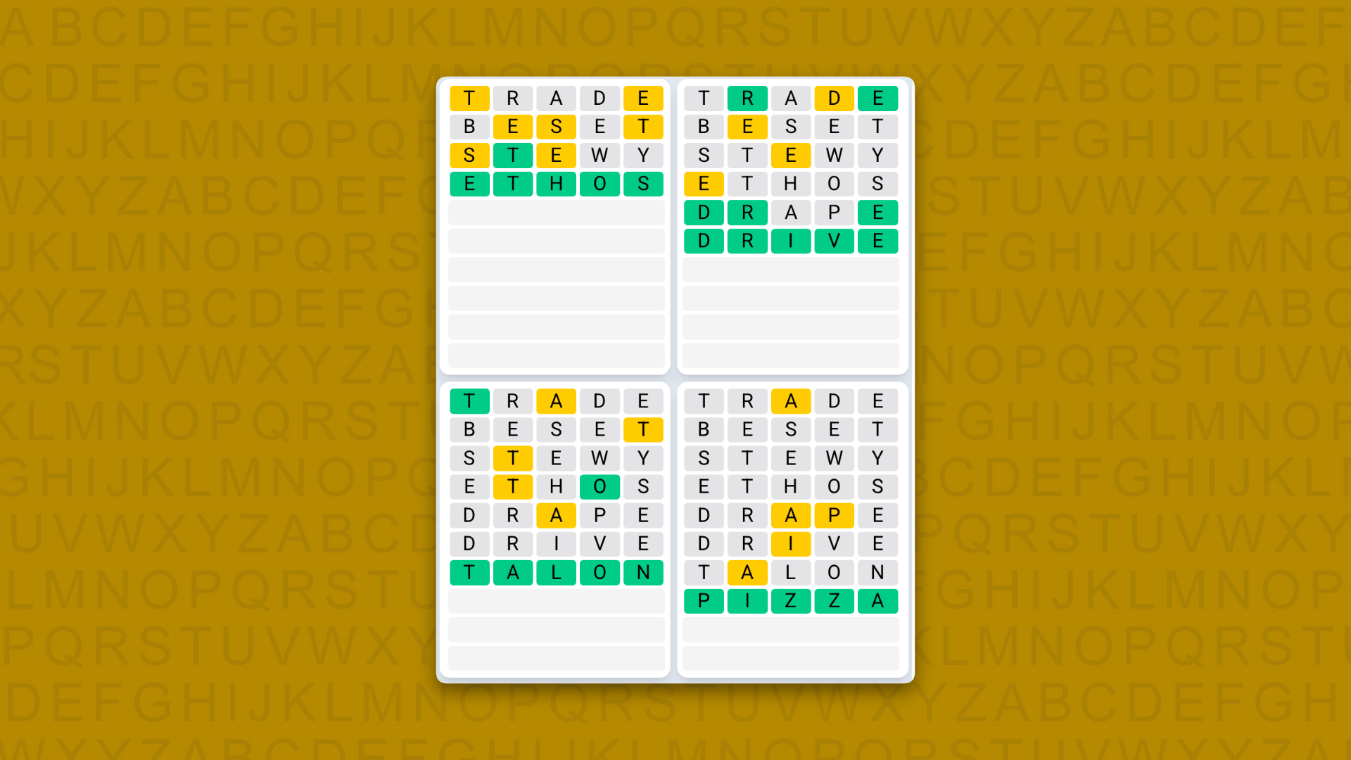 Quordle Daily Sequence answers for the game 1643 on yellow background