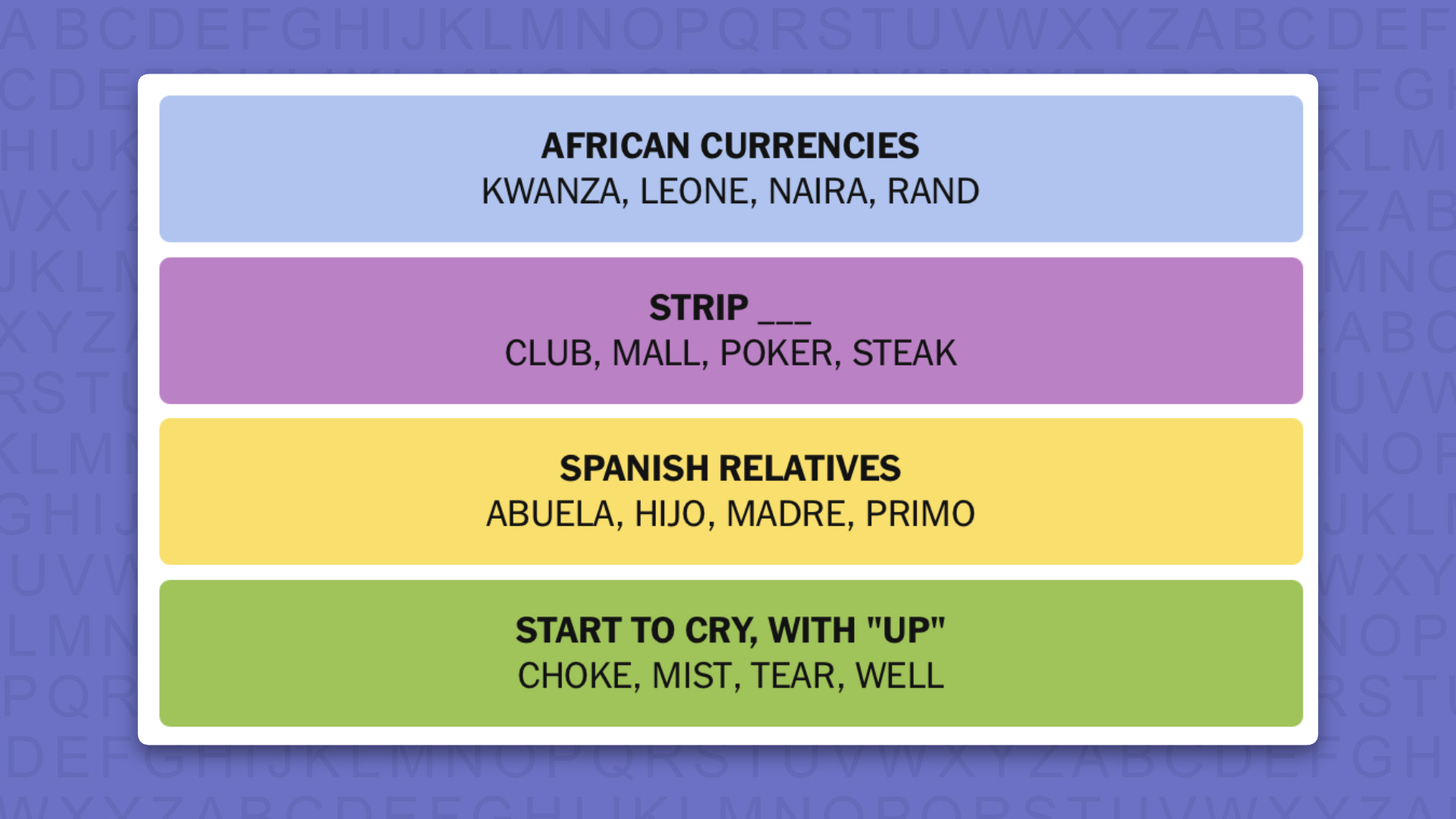 NYT Connections answers for game 1140 on purple background