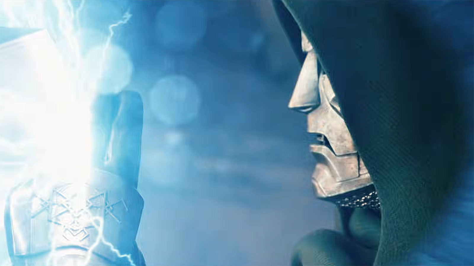 Doctor Victor von Doom stops an attack by Thor with Stormbreaker in Avengers: Doomsday