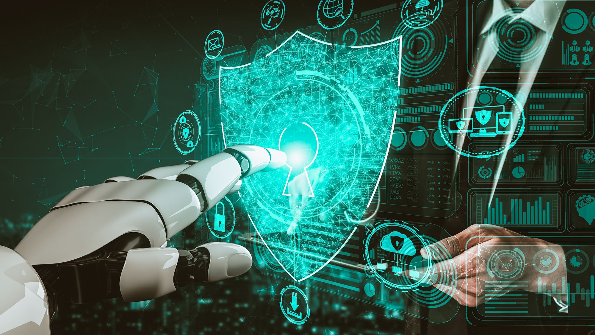A robot hand touching a locked digital shield preventing a human from accessing data