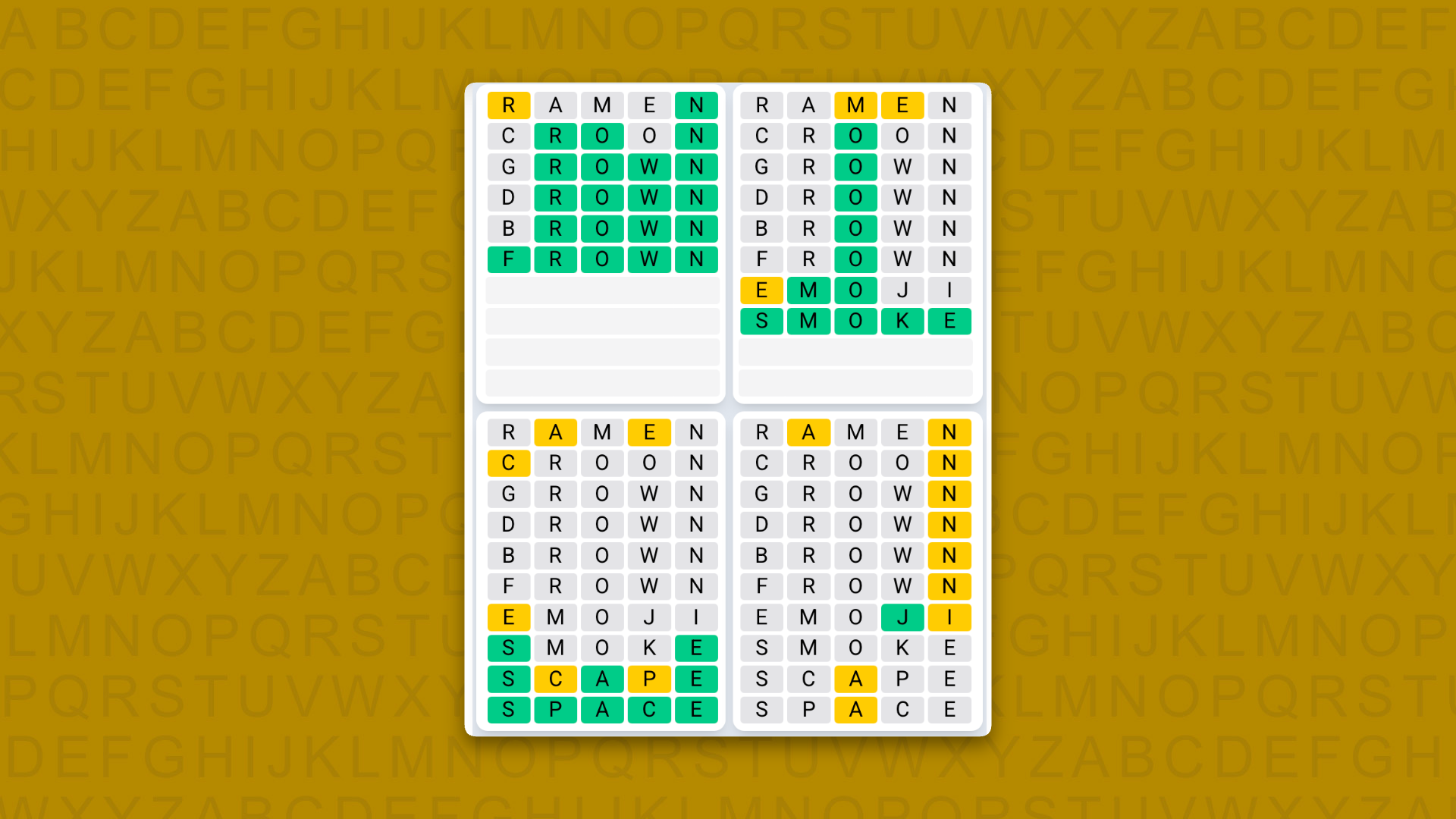 Quordle Daily Sequence answers for the game 1644 on yellow background