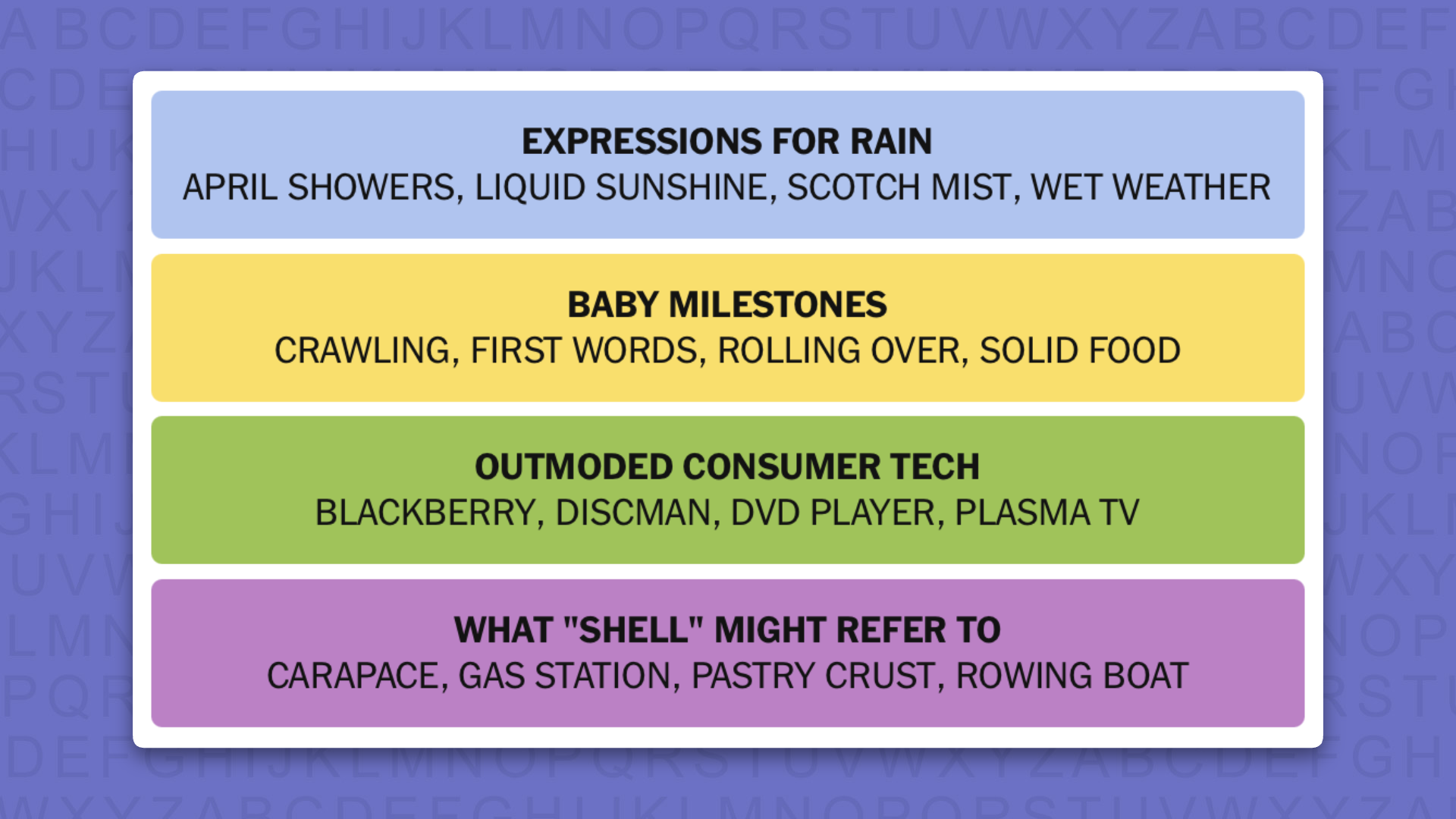 NYT Connections answers for game 1141 on purple background