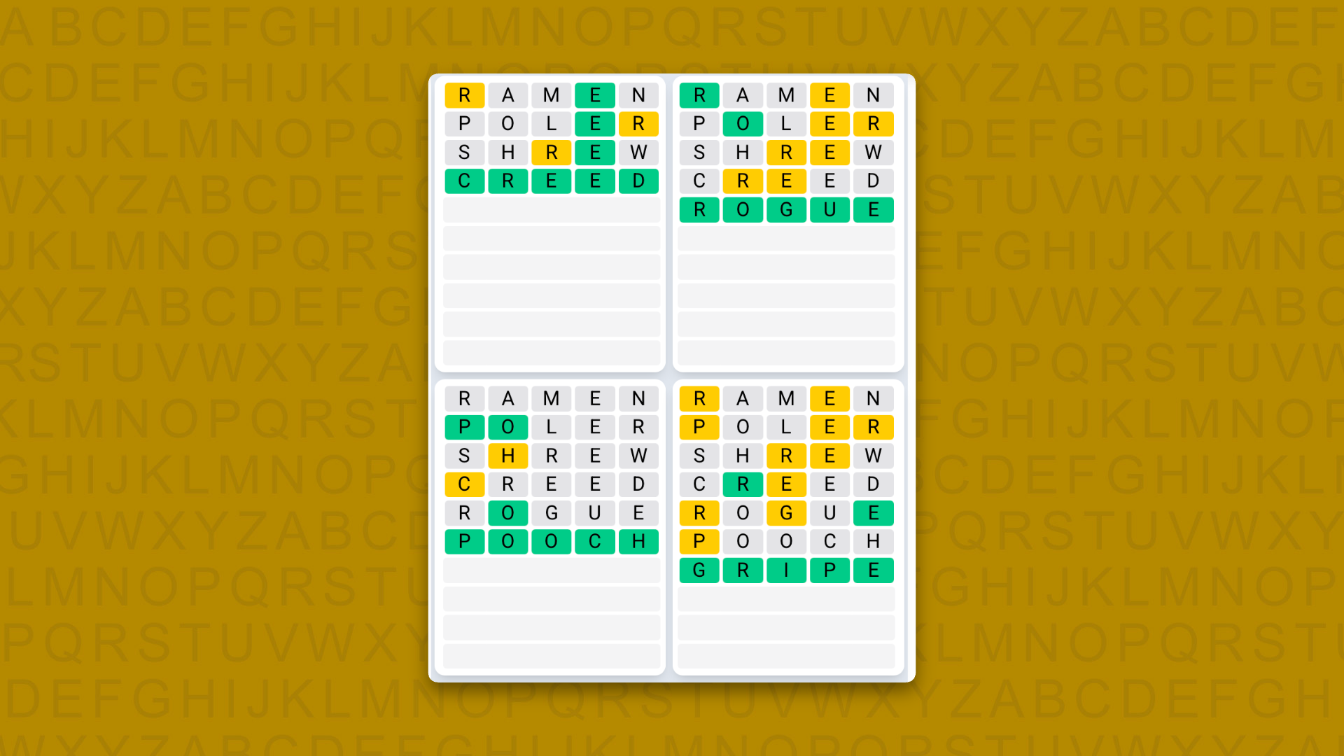 Quordle Daily Sequence answers for the game 1645 on yellow background