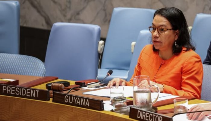 Guyana's Ambassador to the UN, Carolyn Rodrigues Birkett, speaks during a UN Security Council meeting on conflicts in the Middle East at the UN headquarters in New York, the United States, June 30, 2025. — Reuters