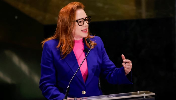 Candidate for United Nations Secretary-General Maria Fernanda Espinosa speaks at the event 