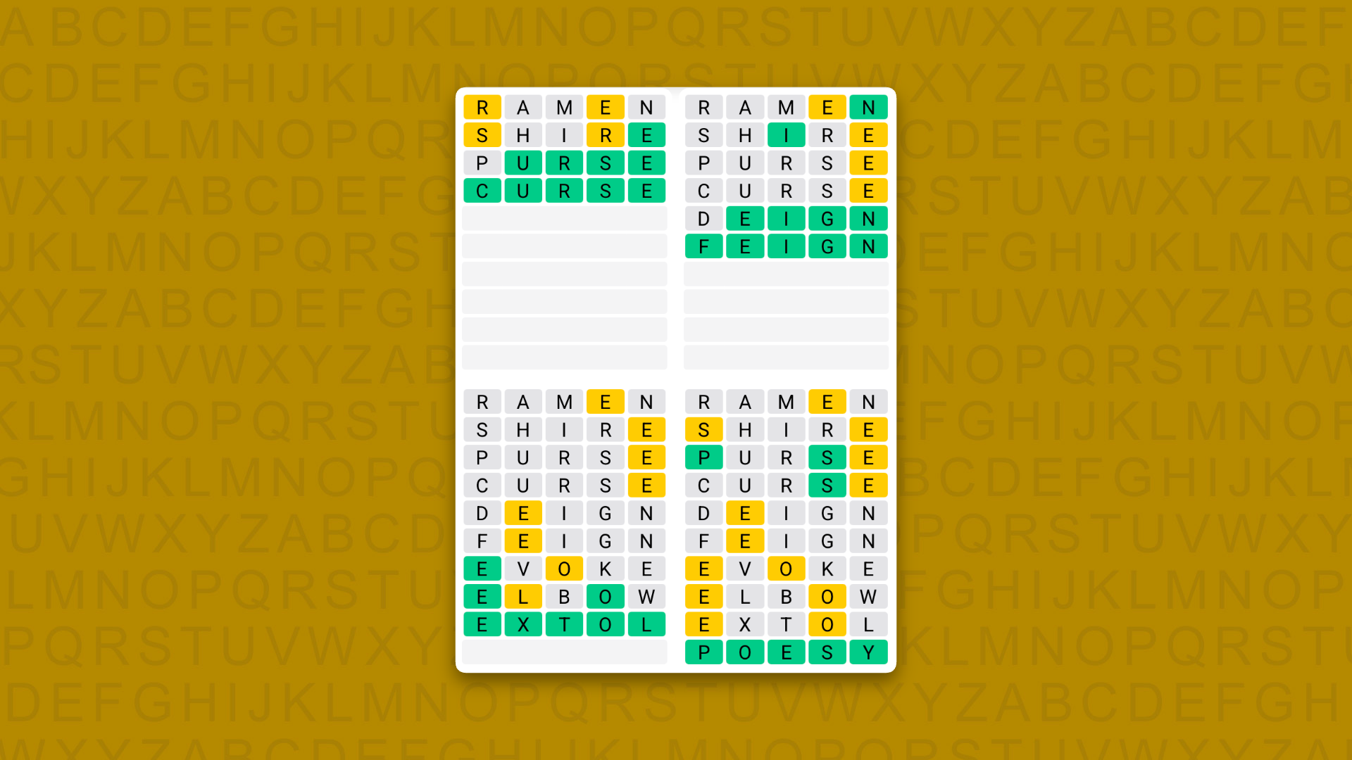 Quordle Daily Sequence answers for the game 1646 on yellow background