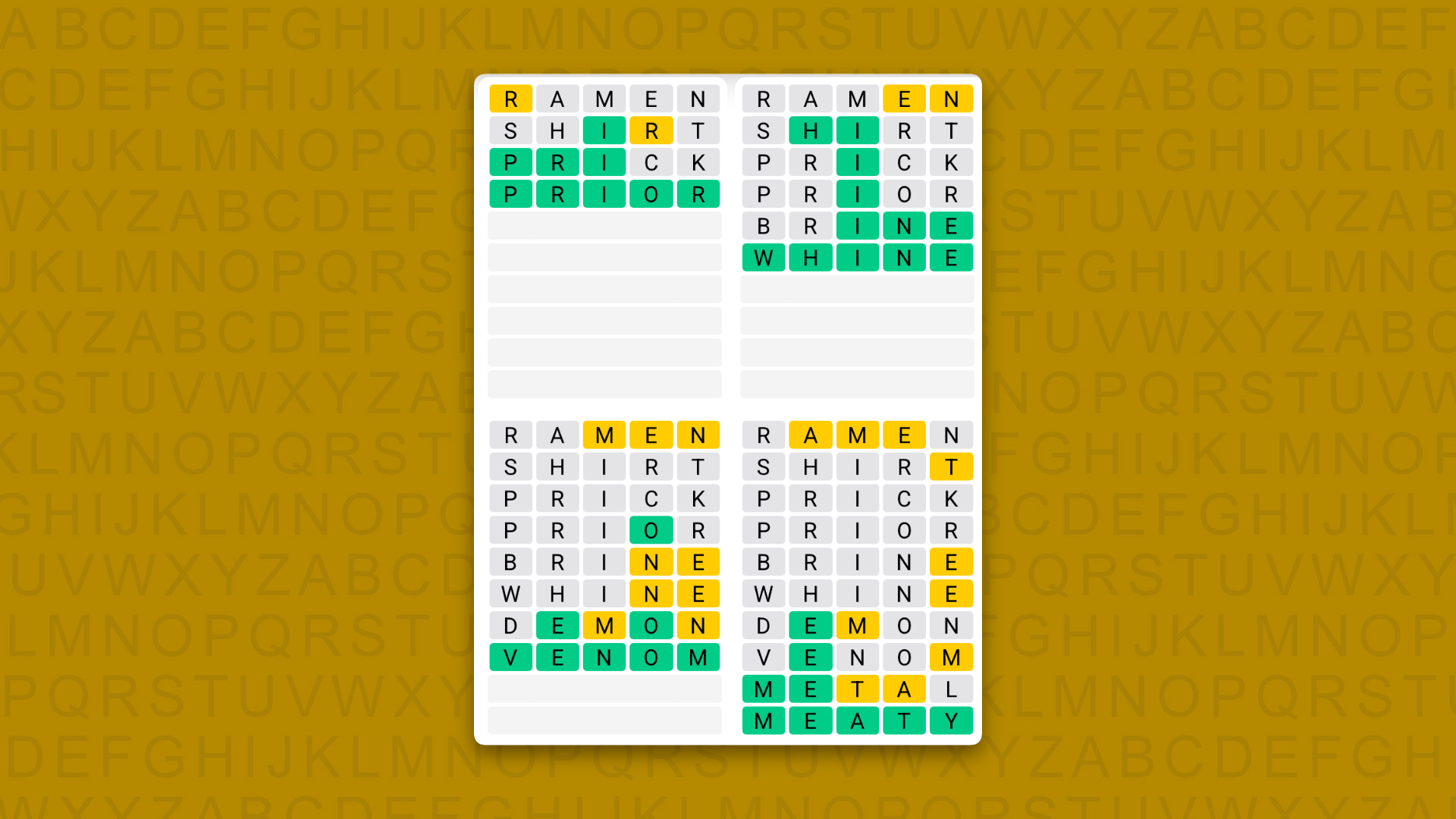 Quordle Daily Sequence answers for the game 1647 on yellow background