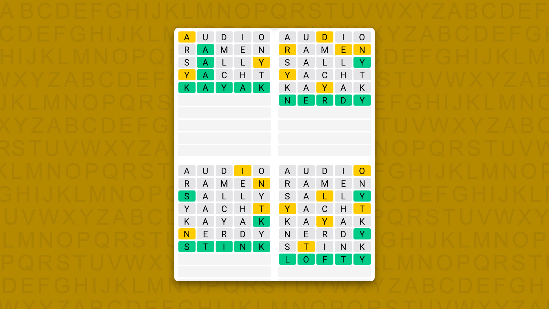 Quordle Daily Sequence answers for the game 1648 on yellow background