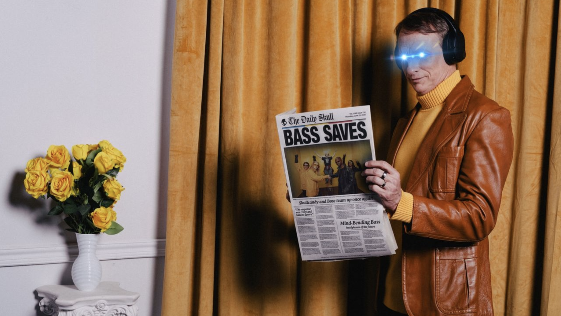 Tony Hawk with laser eyes, reading a newspaper and wearing Skullcandy headphones