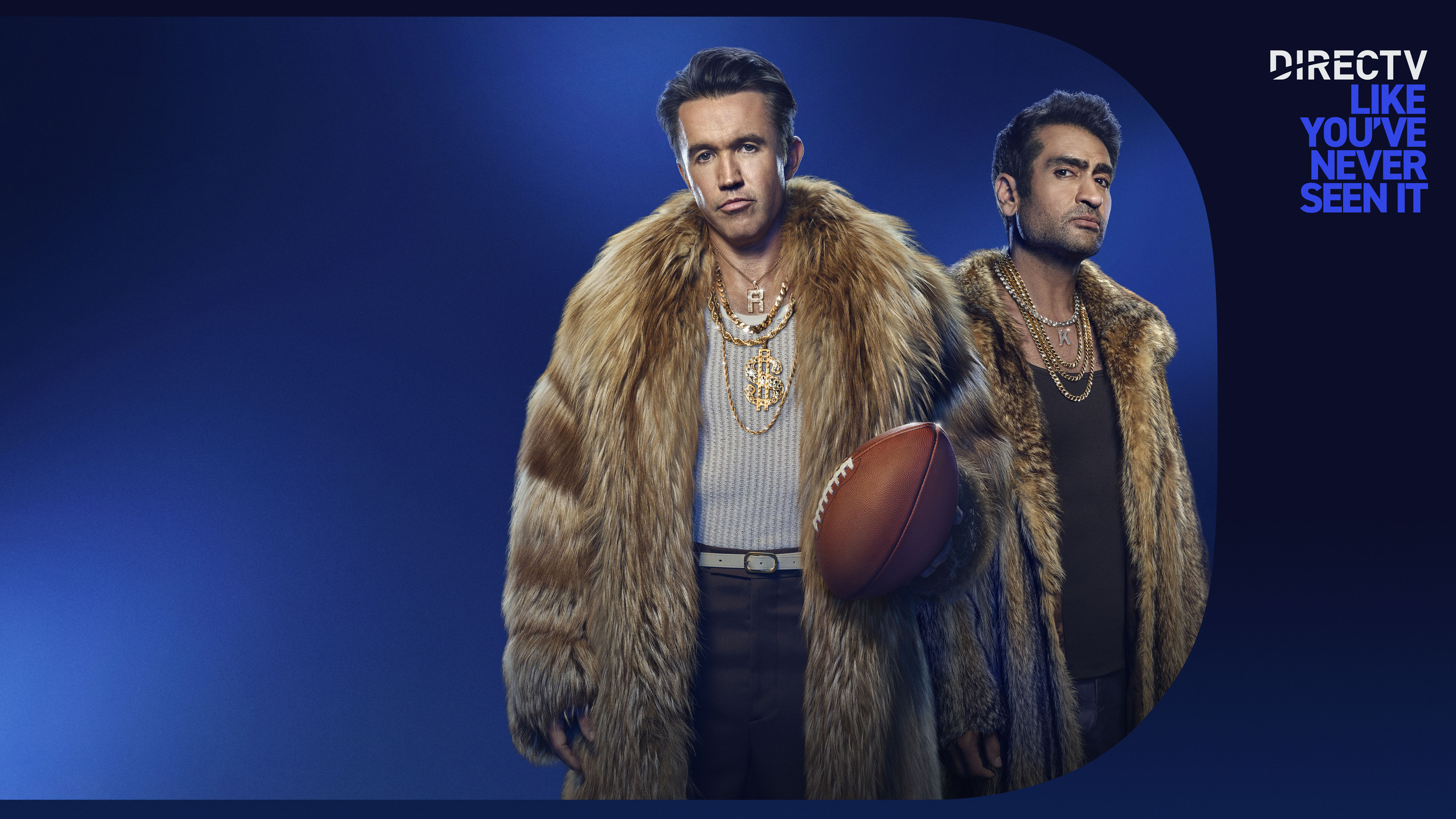 Kumail Nanjiani and Rob McElhenney pose in a DIRECTV promotional poster that says 