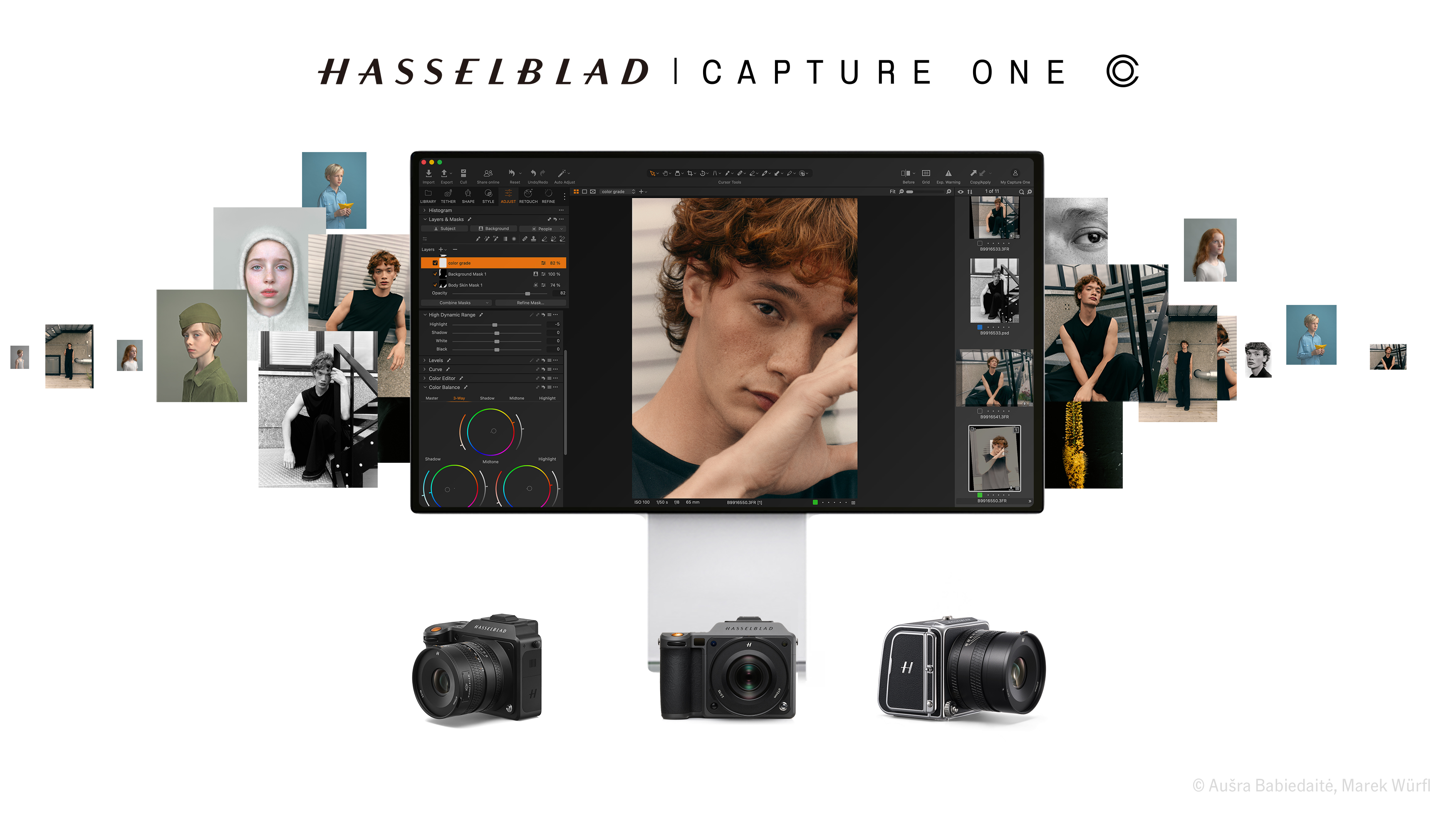 Three Hasselblad cameras alongside a graphic overlay of Capture One software and thumbnails, on a white background
