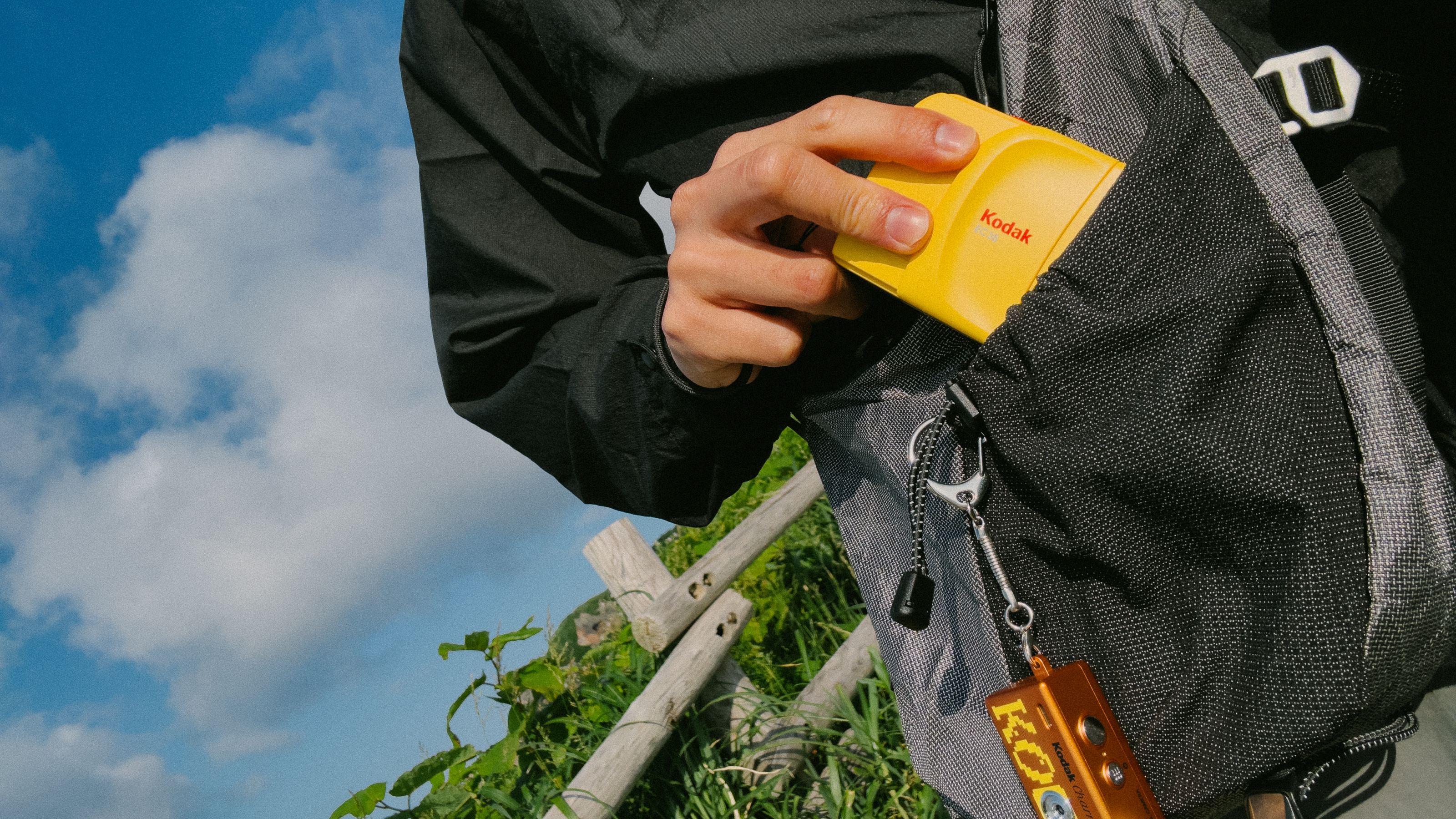 Photograph of Kodak EC35 film camera placed in a backpack outdoors