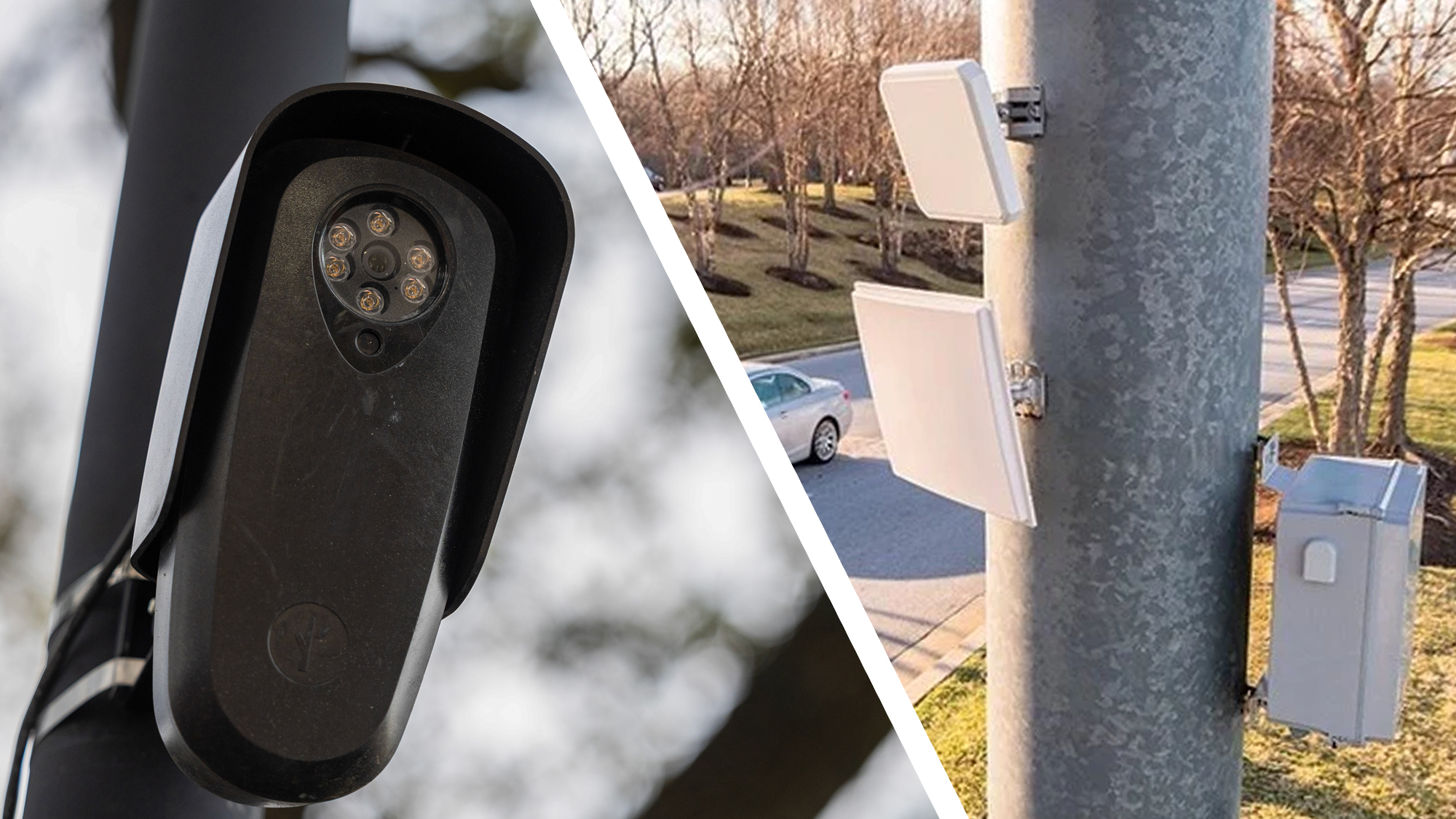 A flock camera next to the SignalTrace cameras on a pole