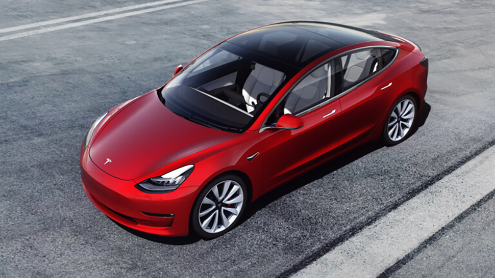 Top view of a red Tesla Model 3