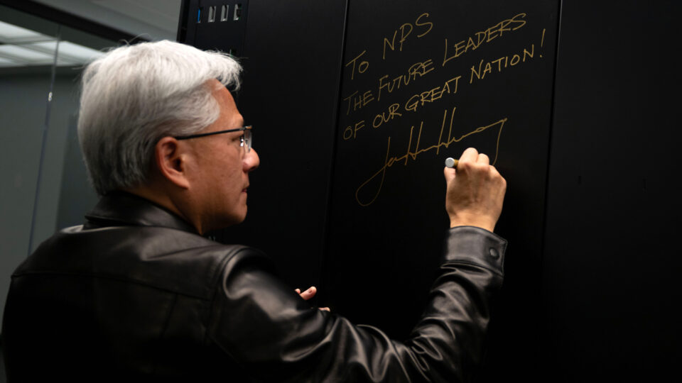 Nvidia CEO Jensen Huang signs off on the NVIDIA DGX GB300 AI supercomputer donated to the Naval Postgraduate School in Monterey, California.