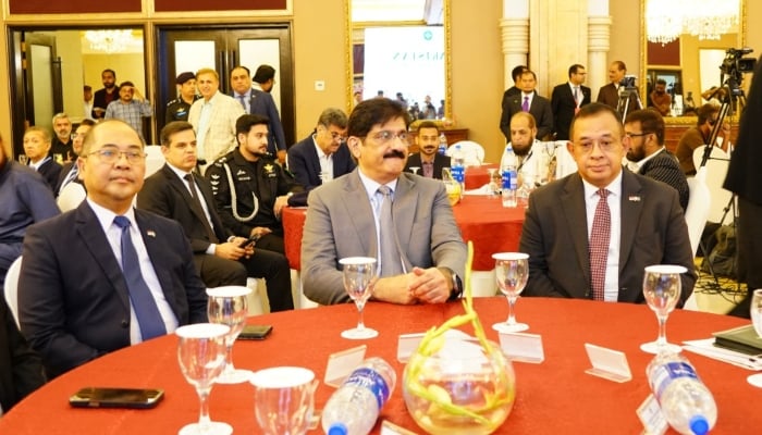 Sindh Chief Minister Murad Ali Shah (center) gestures during the Indonesia-Pakistan Investment and Business Forum in Karachi on July 14, 2026. — Consulate General of the Republic of Indonesia in Karachi