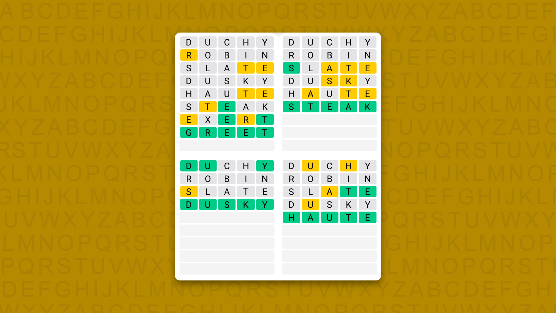 Quordle answers for the game 1628 on a yellow background