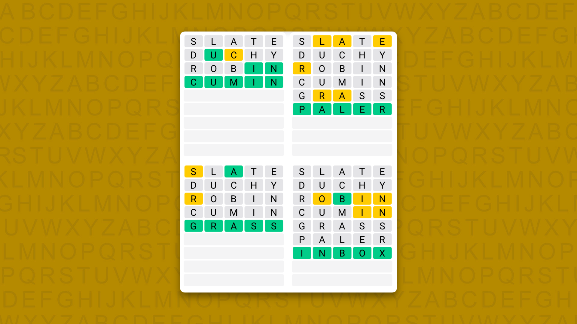 Quordle answers for the game 1635 on a yellow background