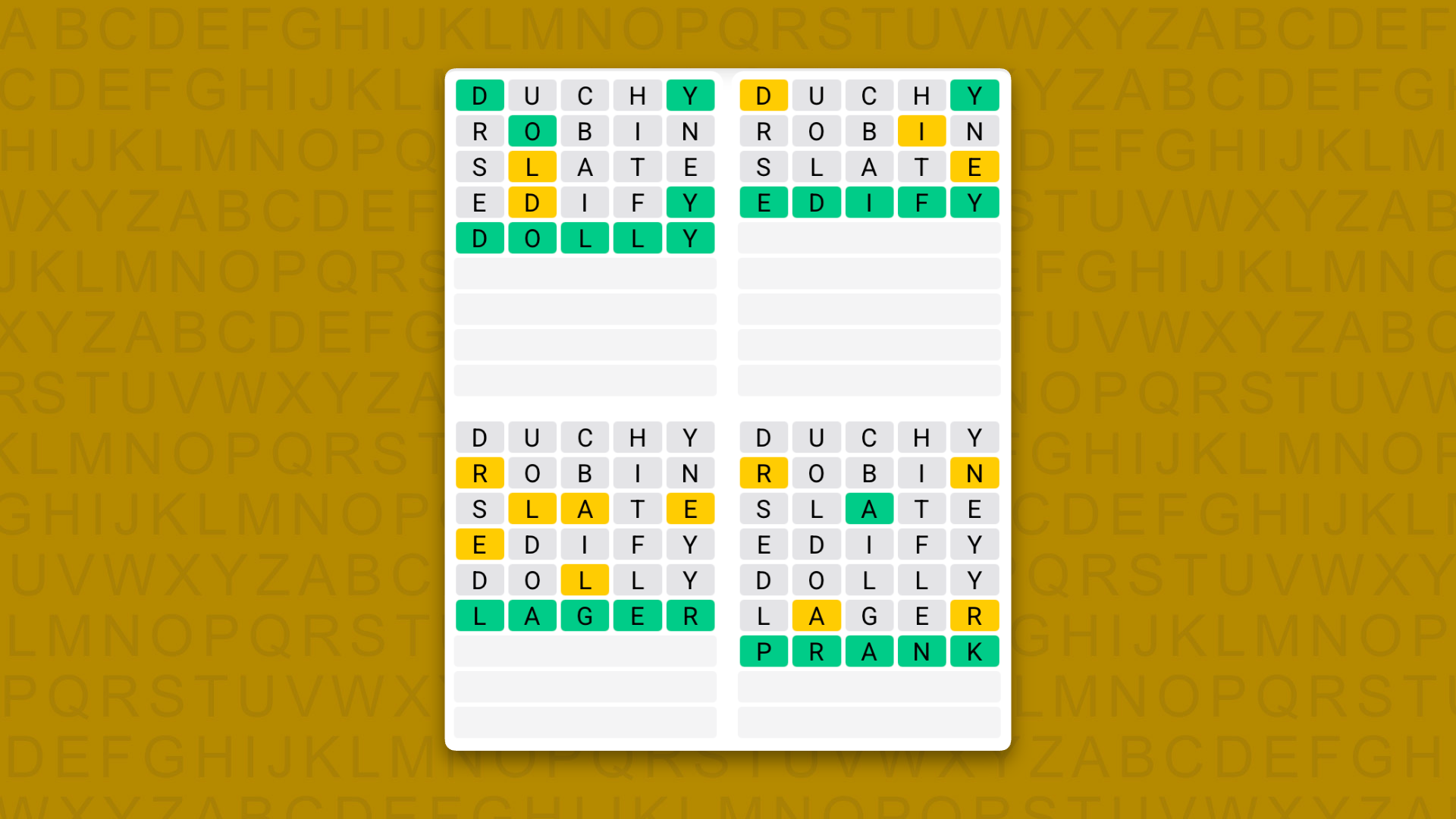 Quordle answers for the game 1642 on a yellow background