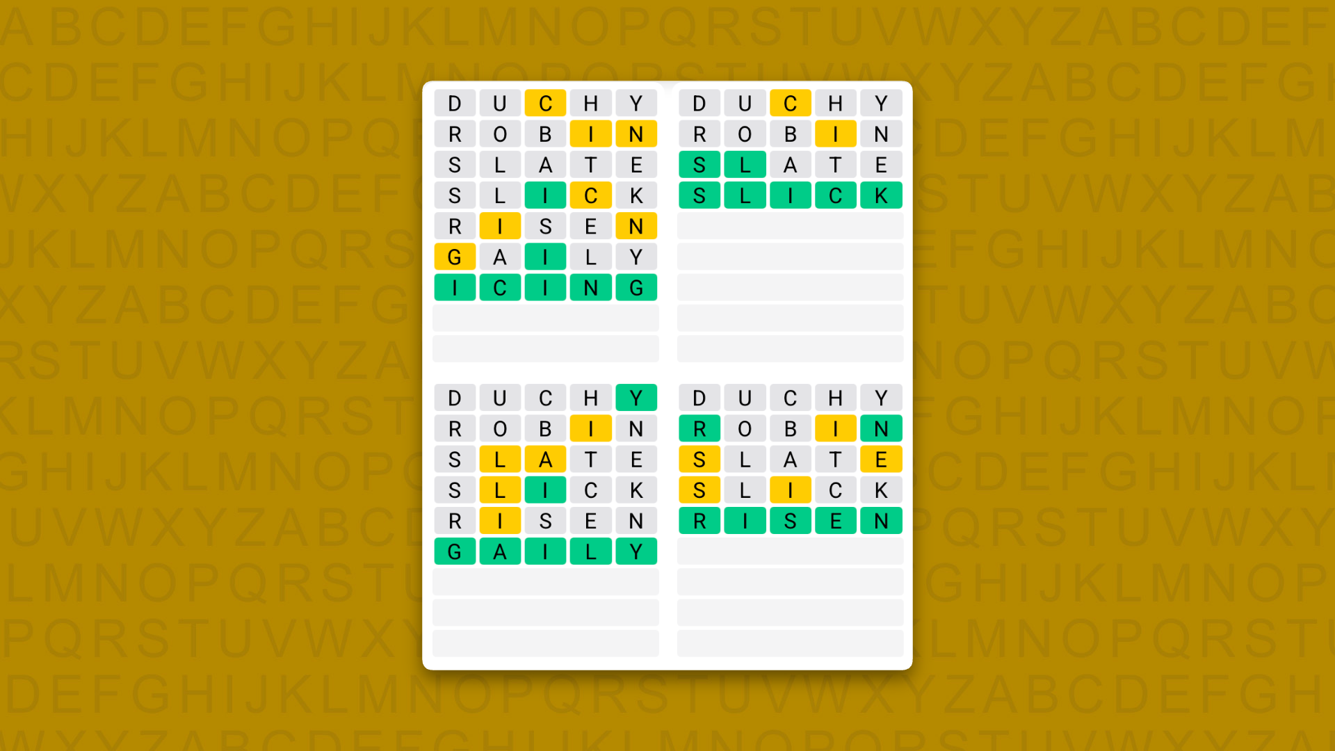Quordle answers for the game 1638 on a yellow background