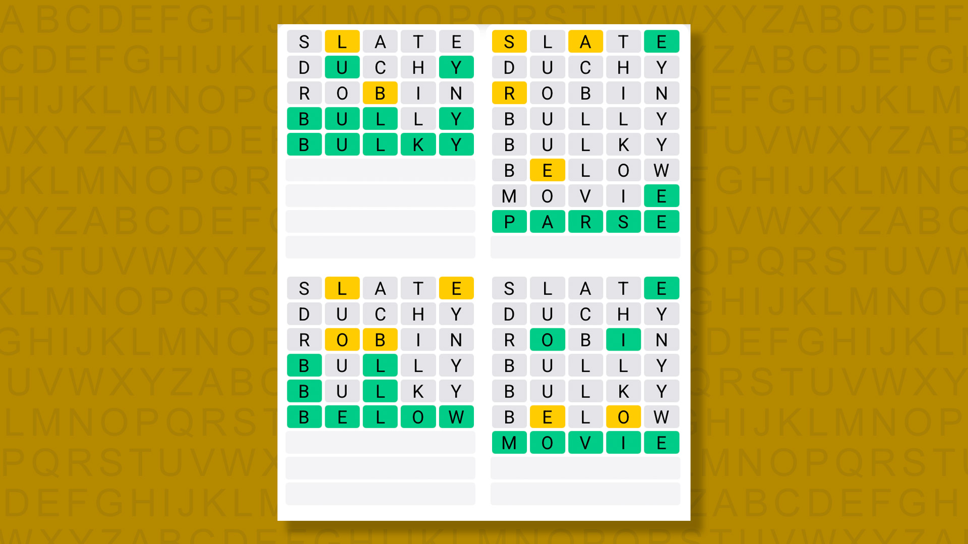 Quordle answers for game n°1620 on a yellow background