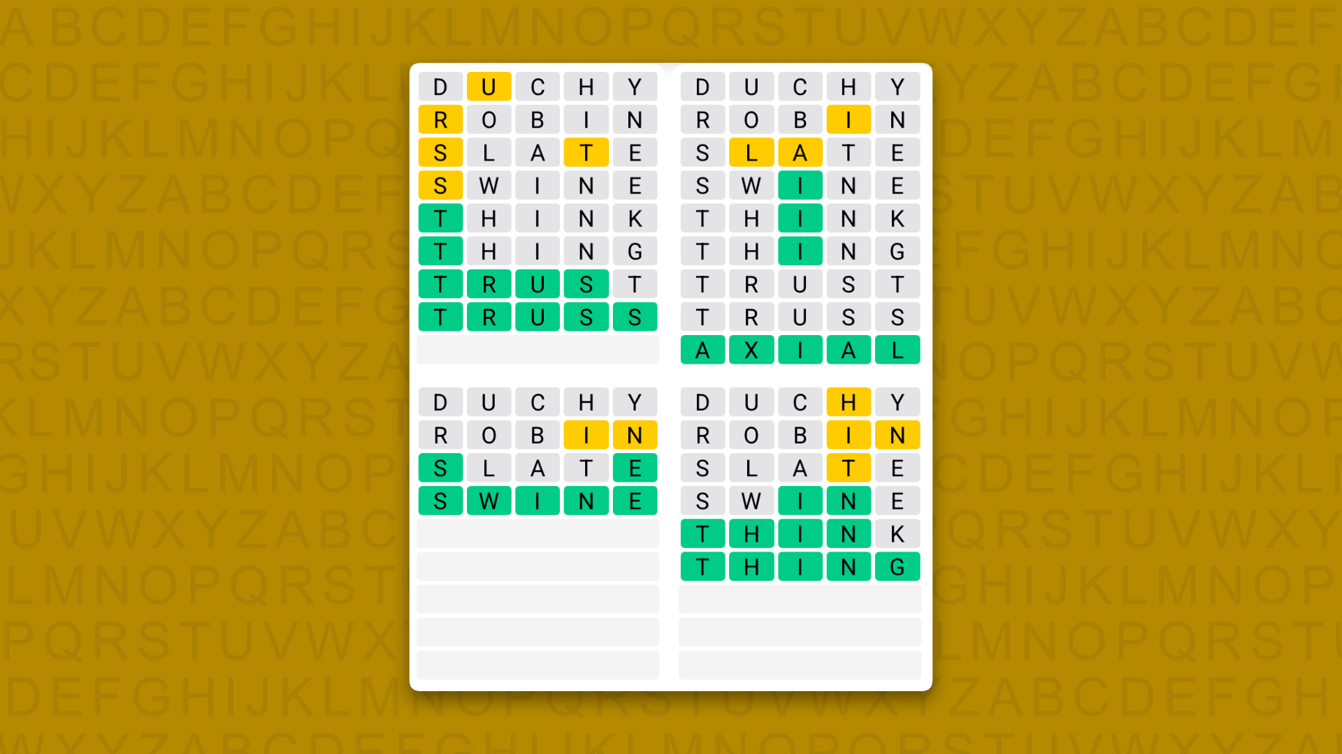 Quordle answers for the game 1639 on a yellow background