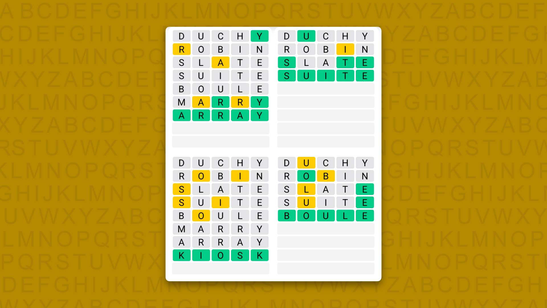 Quordle answers for the game 1625 on a yellow background