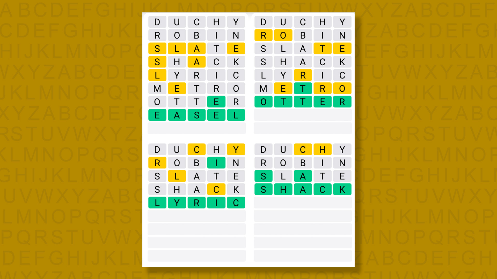 Quordle answers for game n°1619 on yellow background