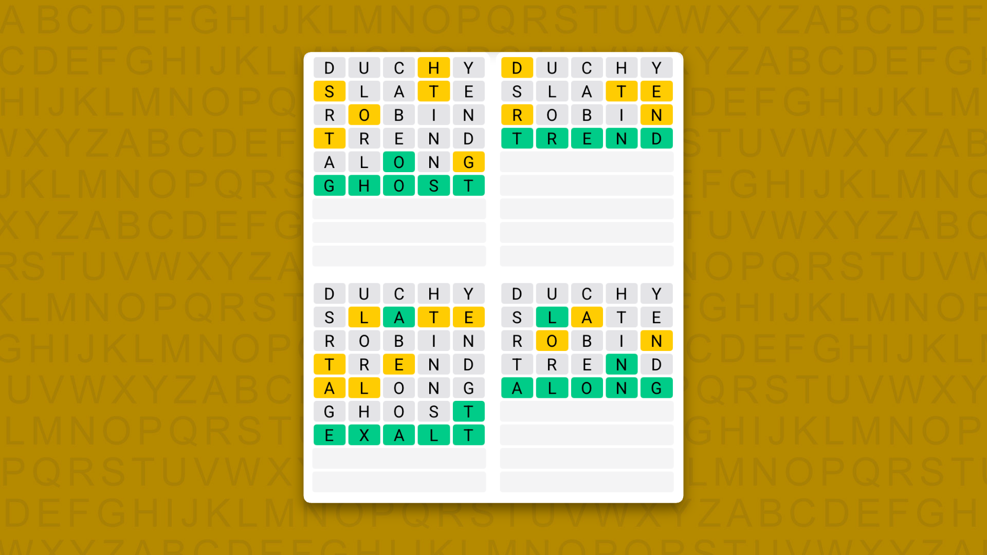 Quordle answers for the game 1626 on a yellow background