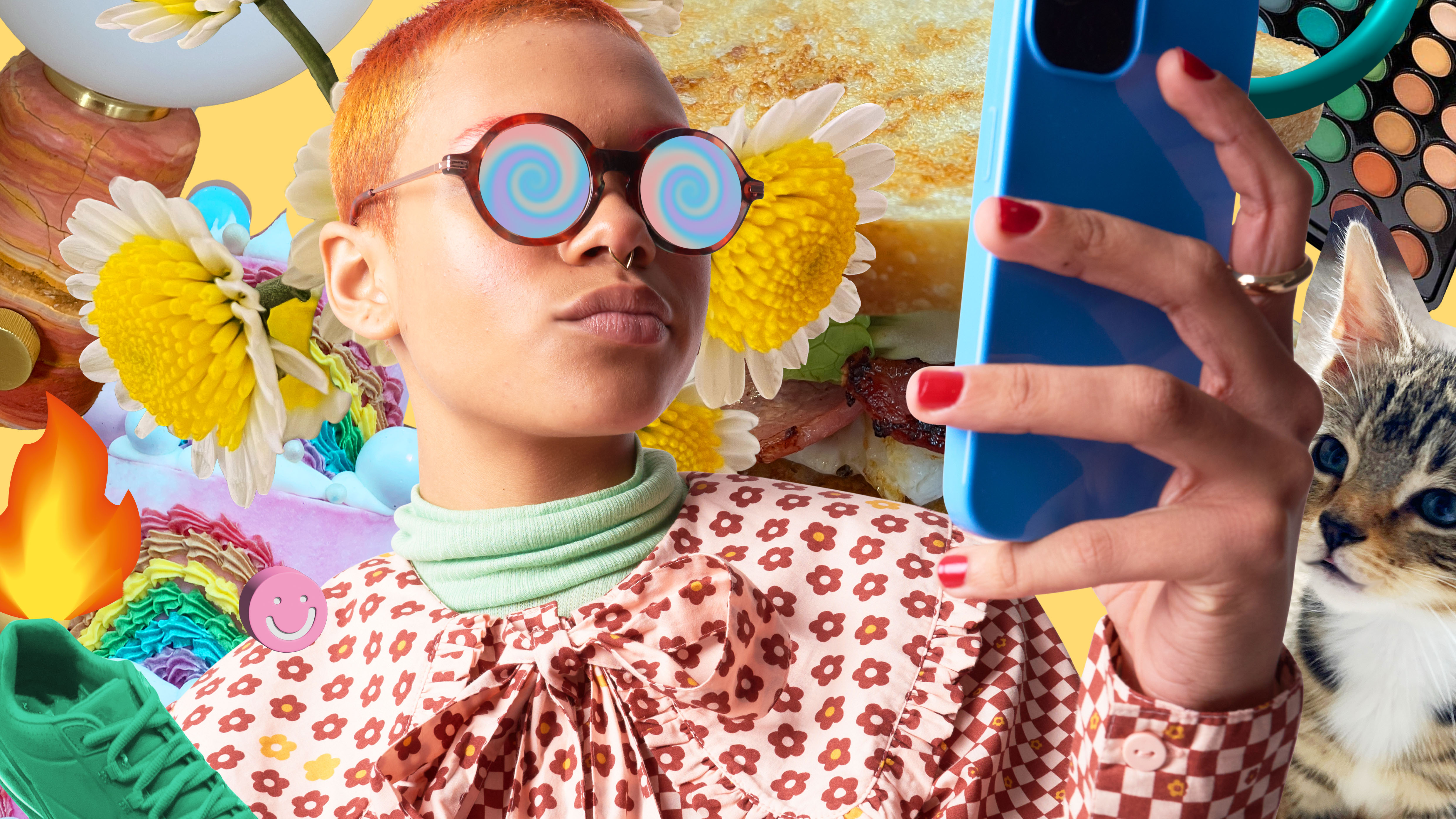 Person using a cell phone stuck in a scroll hole surrounded by a collage of social media obsessions.