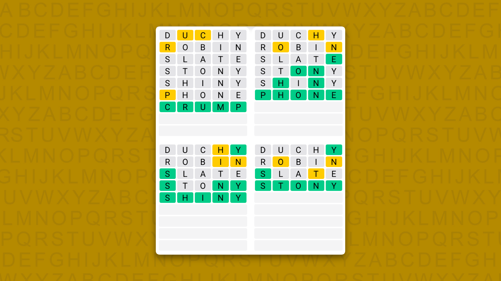 Quordle answers for the game 1627 on a yellow background