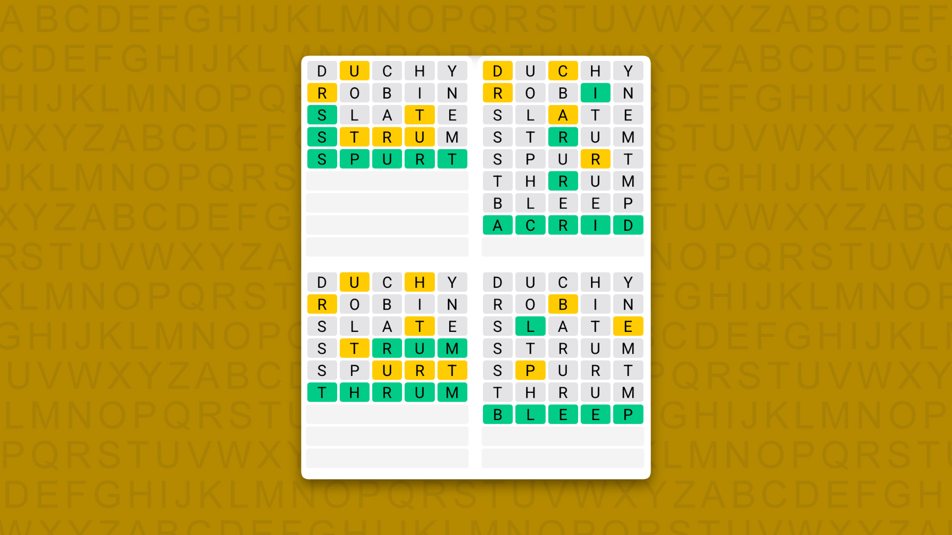 Quordle answers for the game 1637 on a yellow background