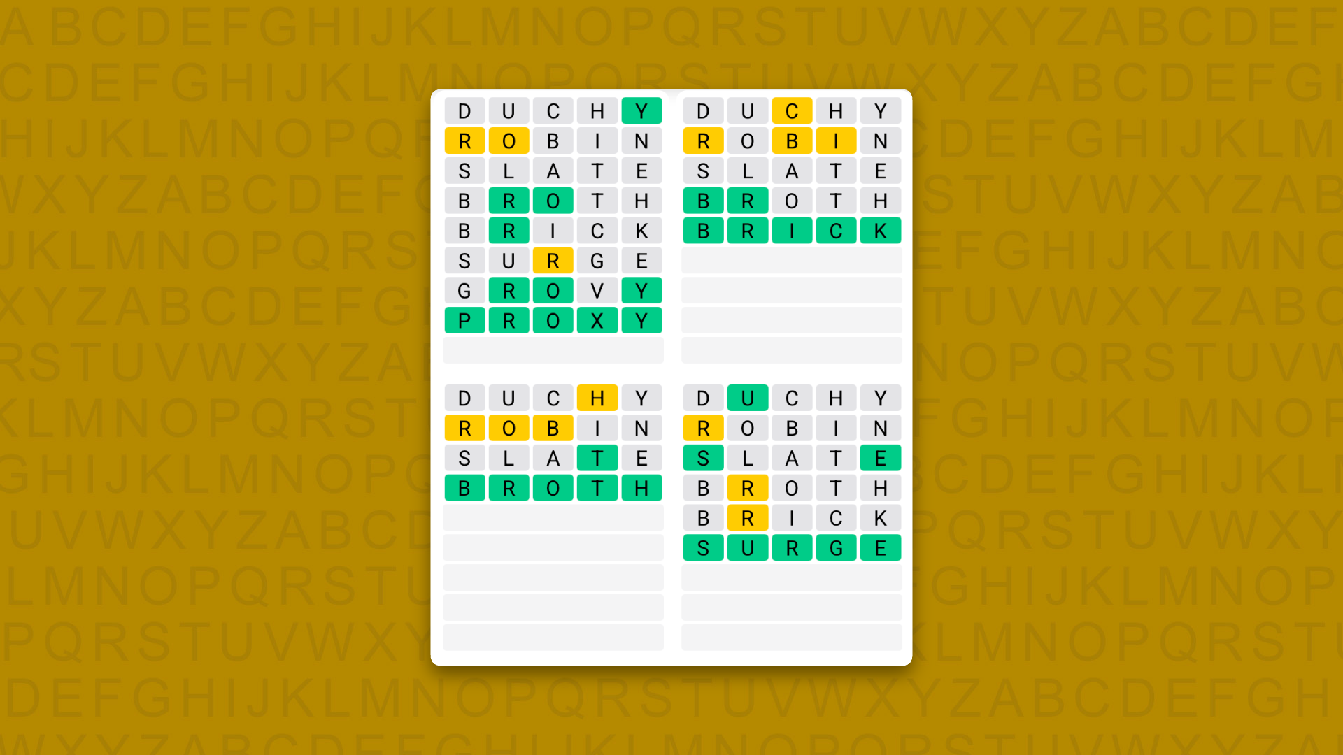 Quordle answers for the game 1633 on a yellow background